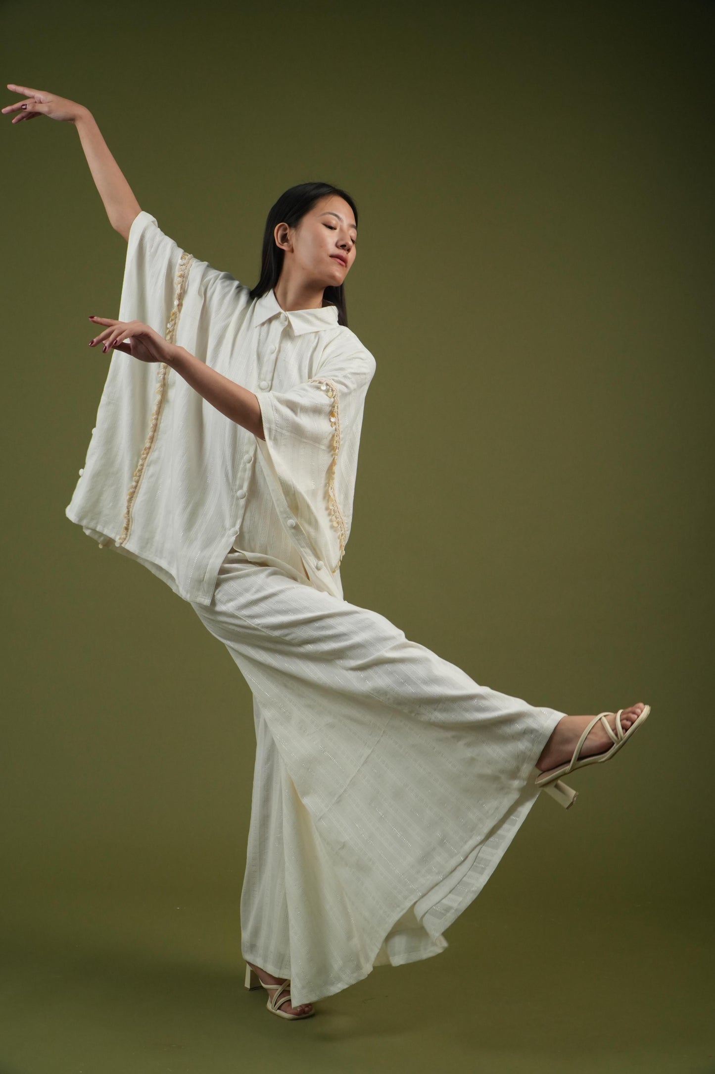 Vanshitaaz Flowing Ivory Cape Shirt & Wide-Leg Pants Set