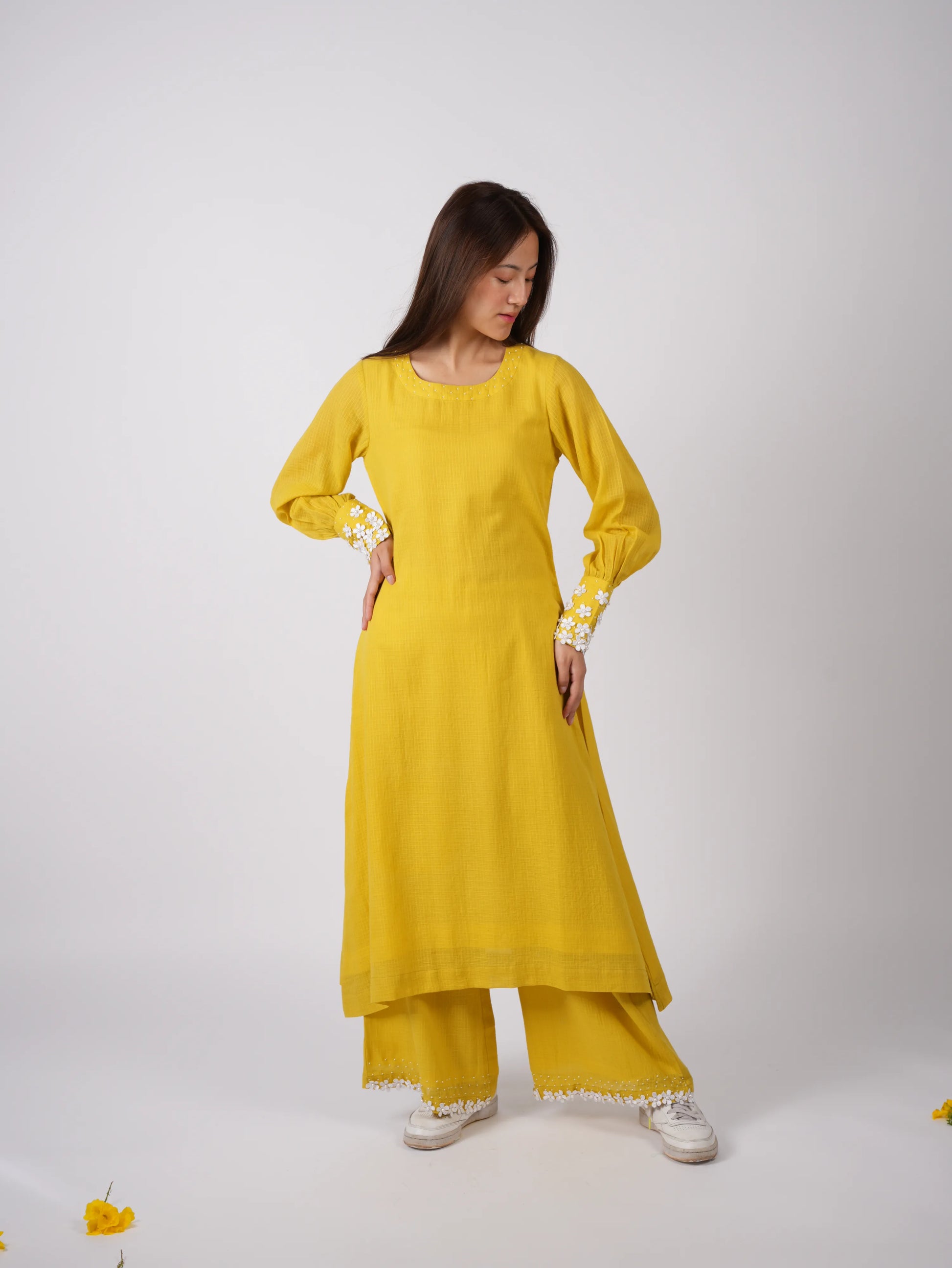 Embroidered Corn Yellow A-Line Kurta-Pant with Scrunchies