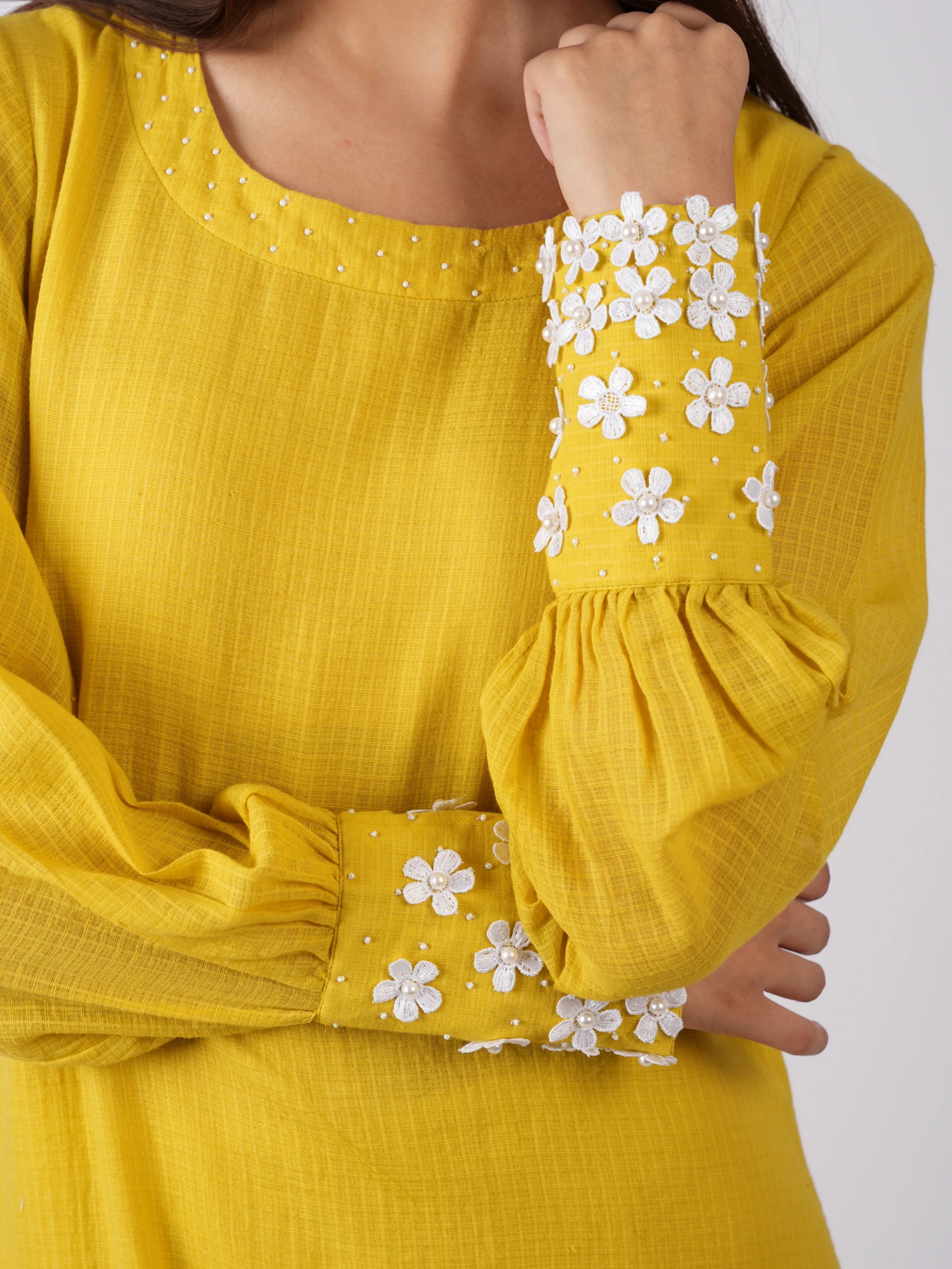 Embroidered Corn Yellow A-Line Kurta-Pant with Scrunchies