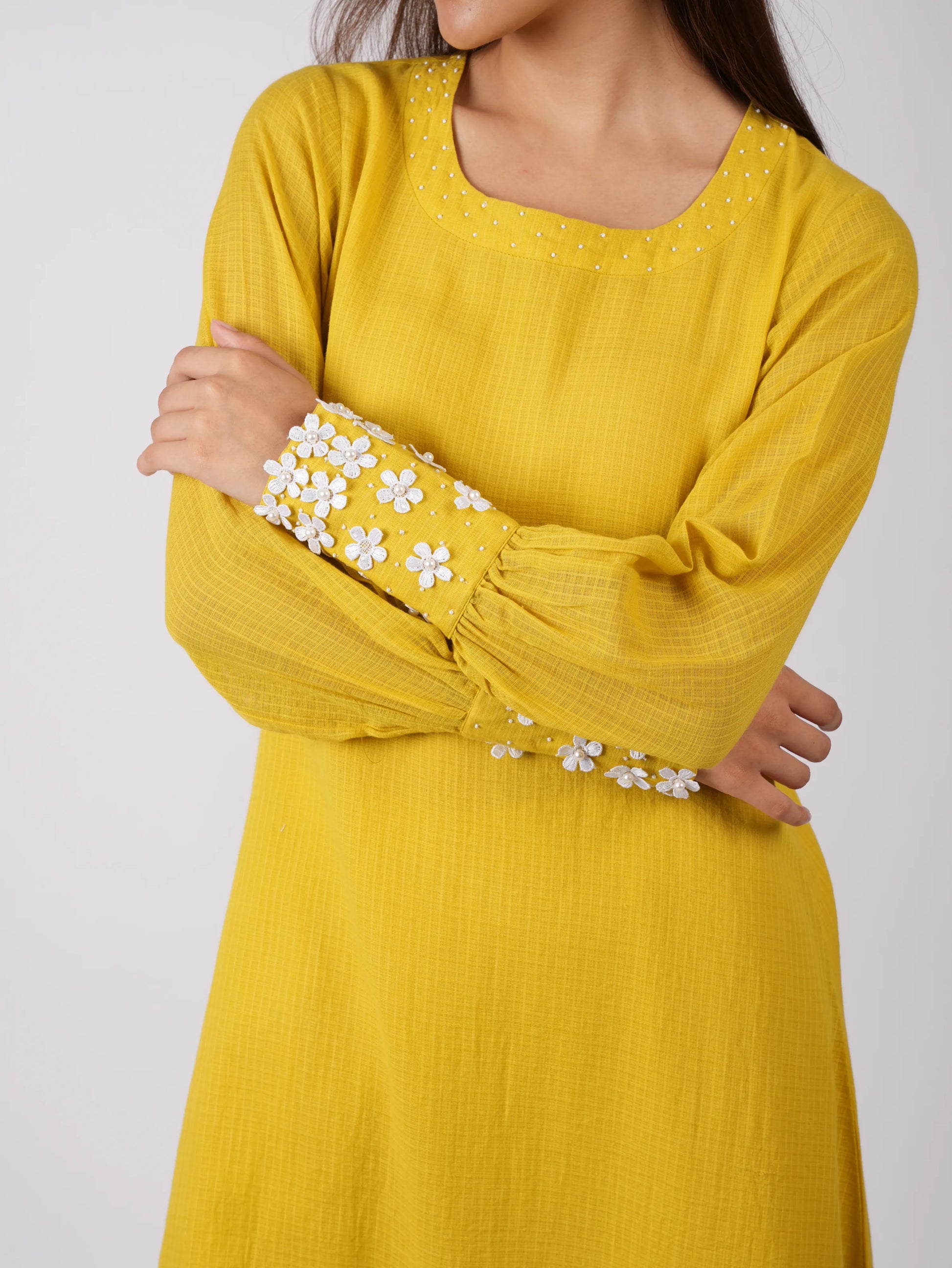 Embroidered Corn Yellow A-Line Kurta-Pant with Scrunchies