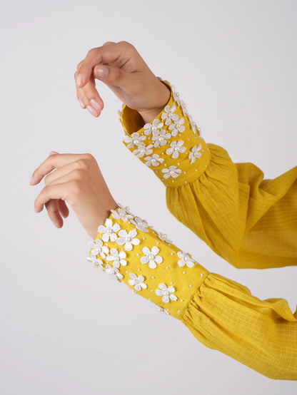 Embroidered Corn Yellow A-Line Kurta-Pant with Scrunchies