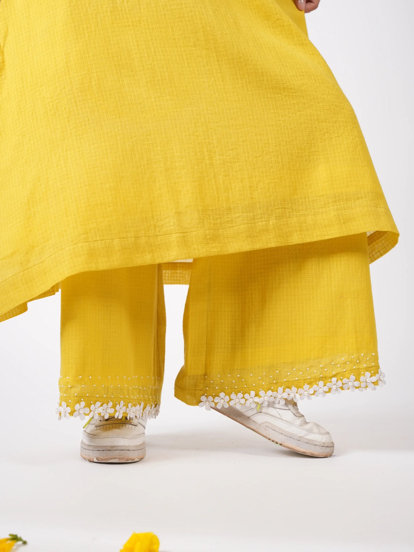 Embroidered Corn Yellow A-Line Kurta-Pant with Scrunchies