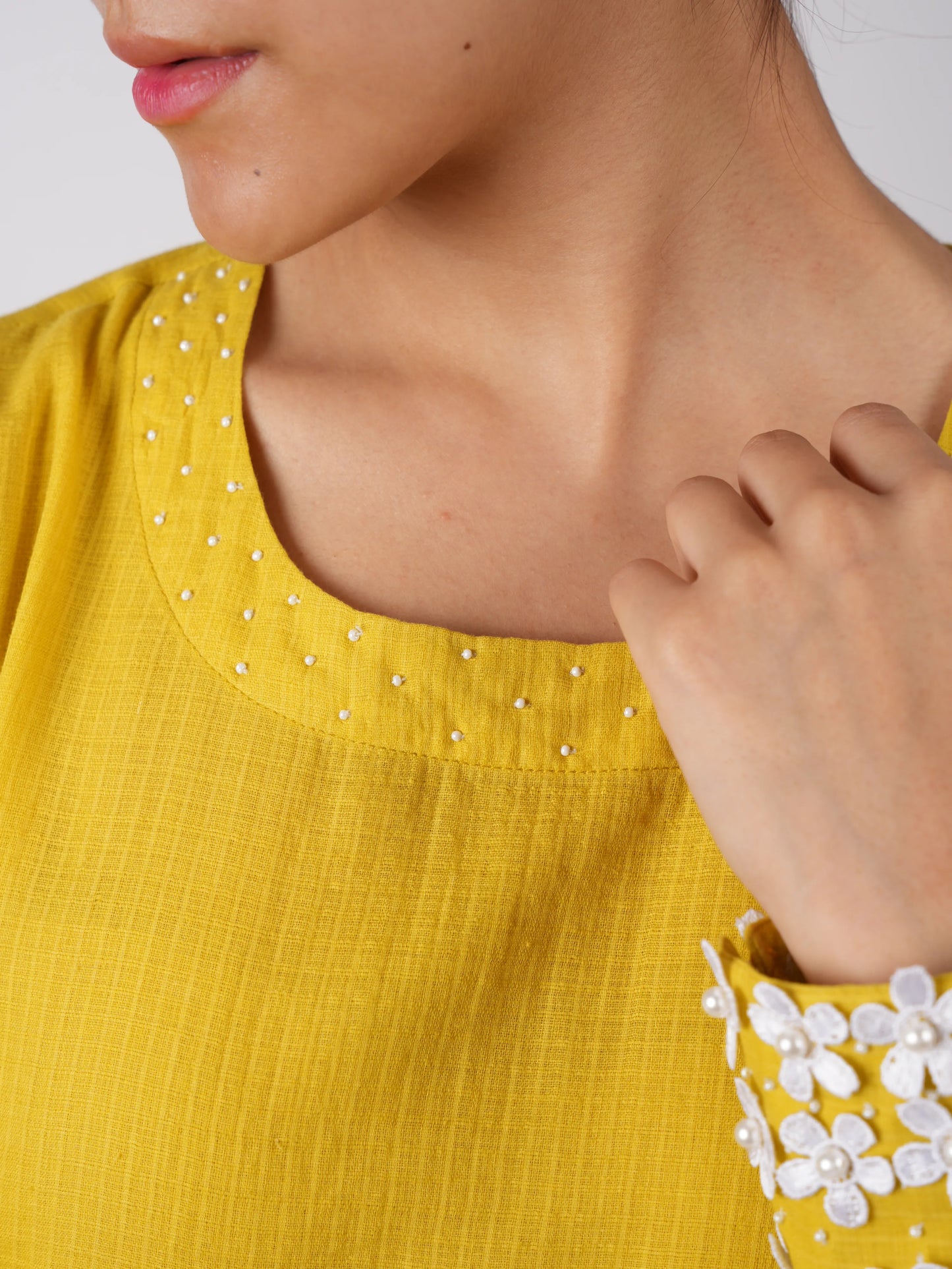 Embroidered Corn Yellow A-Line Kurta-Pant with Scrunchies