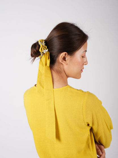 Embroidered Corn Yellow A-Line Kurta-Pant with Scrunchies