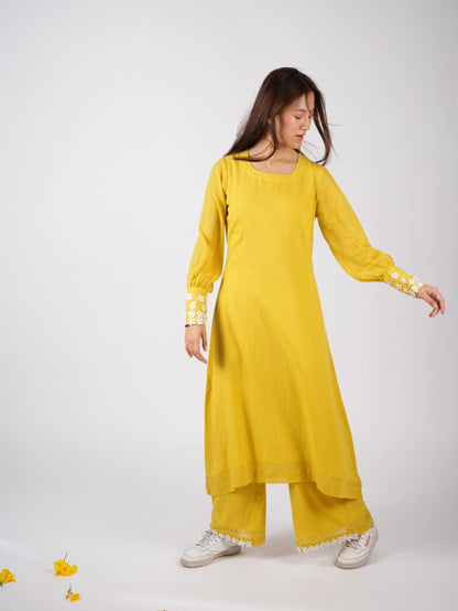 Embroidered Corn Yellow A-Line Kurta-Pant with Scrunchies