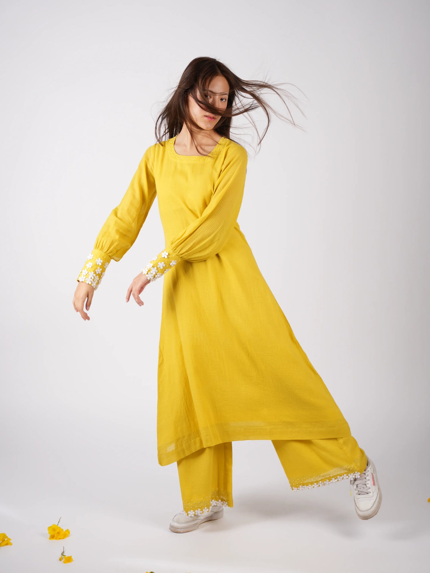 Embroidered Corn Yellow A-Line Kurta-Pant with Scrunchies