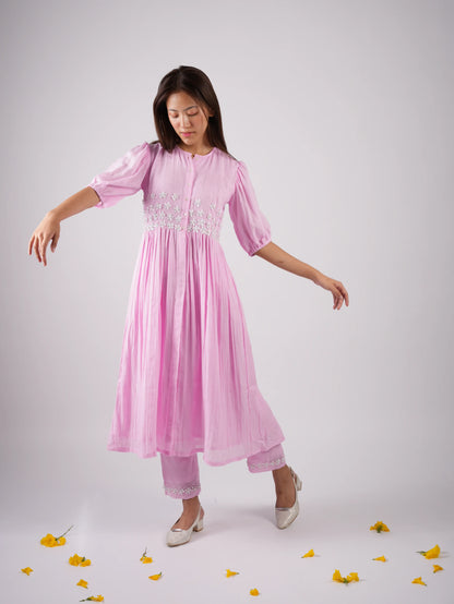Embroidered Blush Pink kurta-Pant with Scrunchies