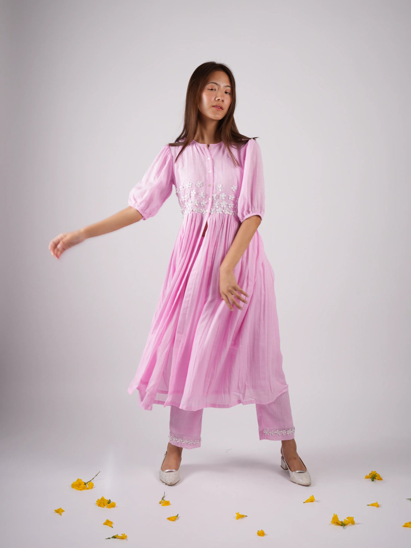 Embroidered Blush Pink kurta-Pant with Scrunchies
