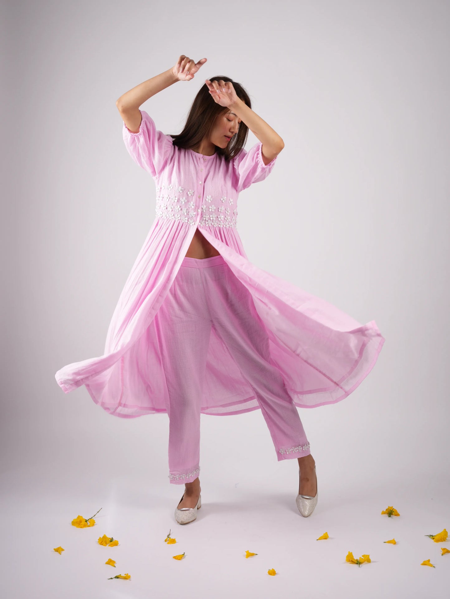 Embroidered Blush Pink kurta-Pant with Scrunchies