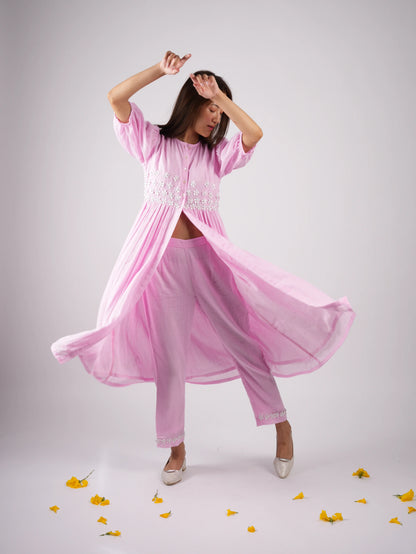 Embroidered Blush Pink kurta-Pant with Scrunchies