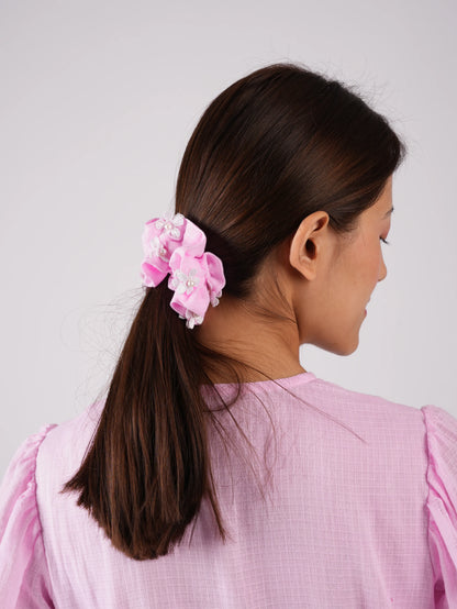 Embroidered Blush Pink kurta-Pant with Scrunchies