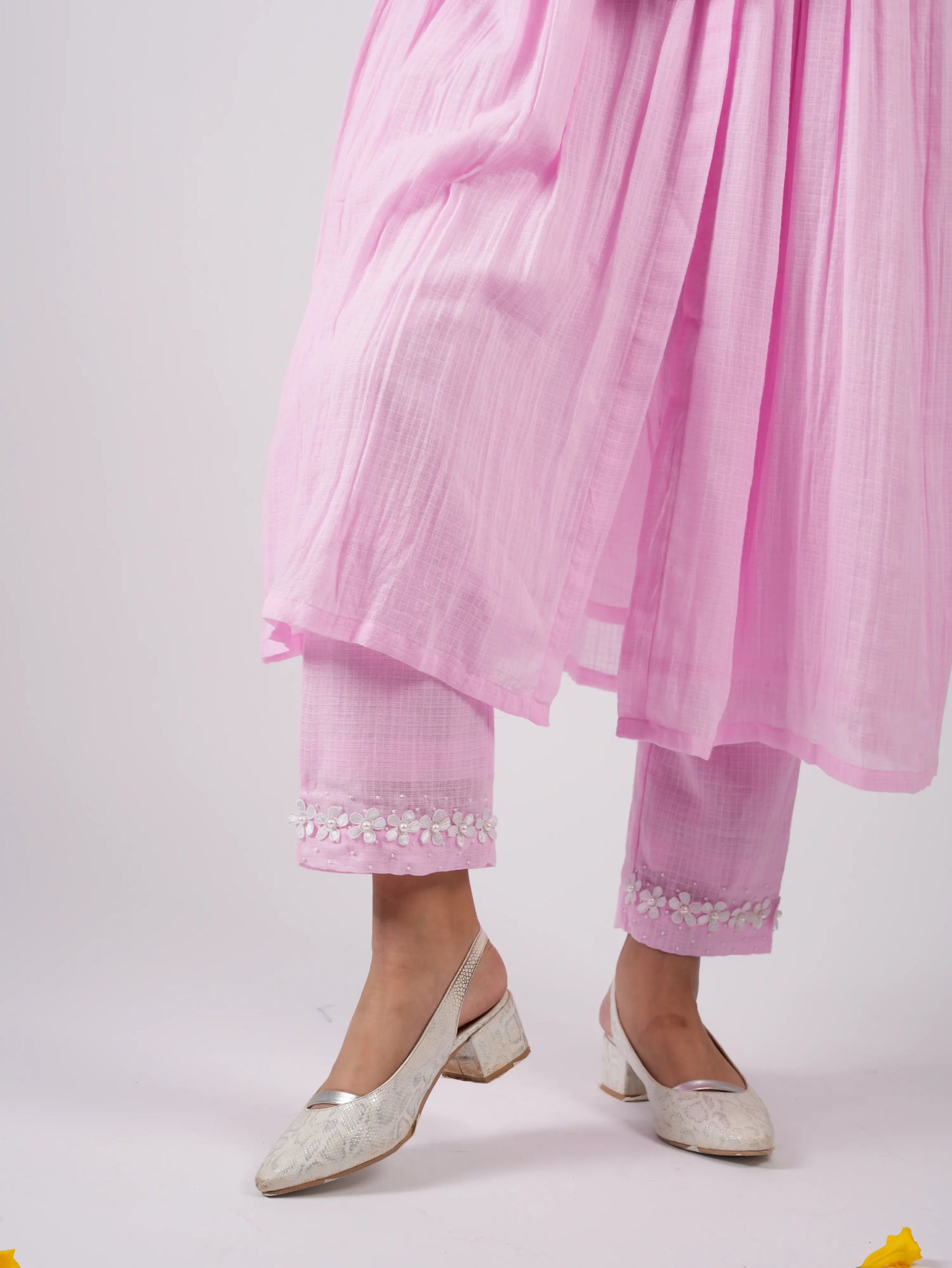 Embroidered Blush Pink kurta-Pant with Scrunchies