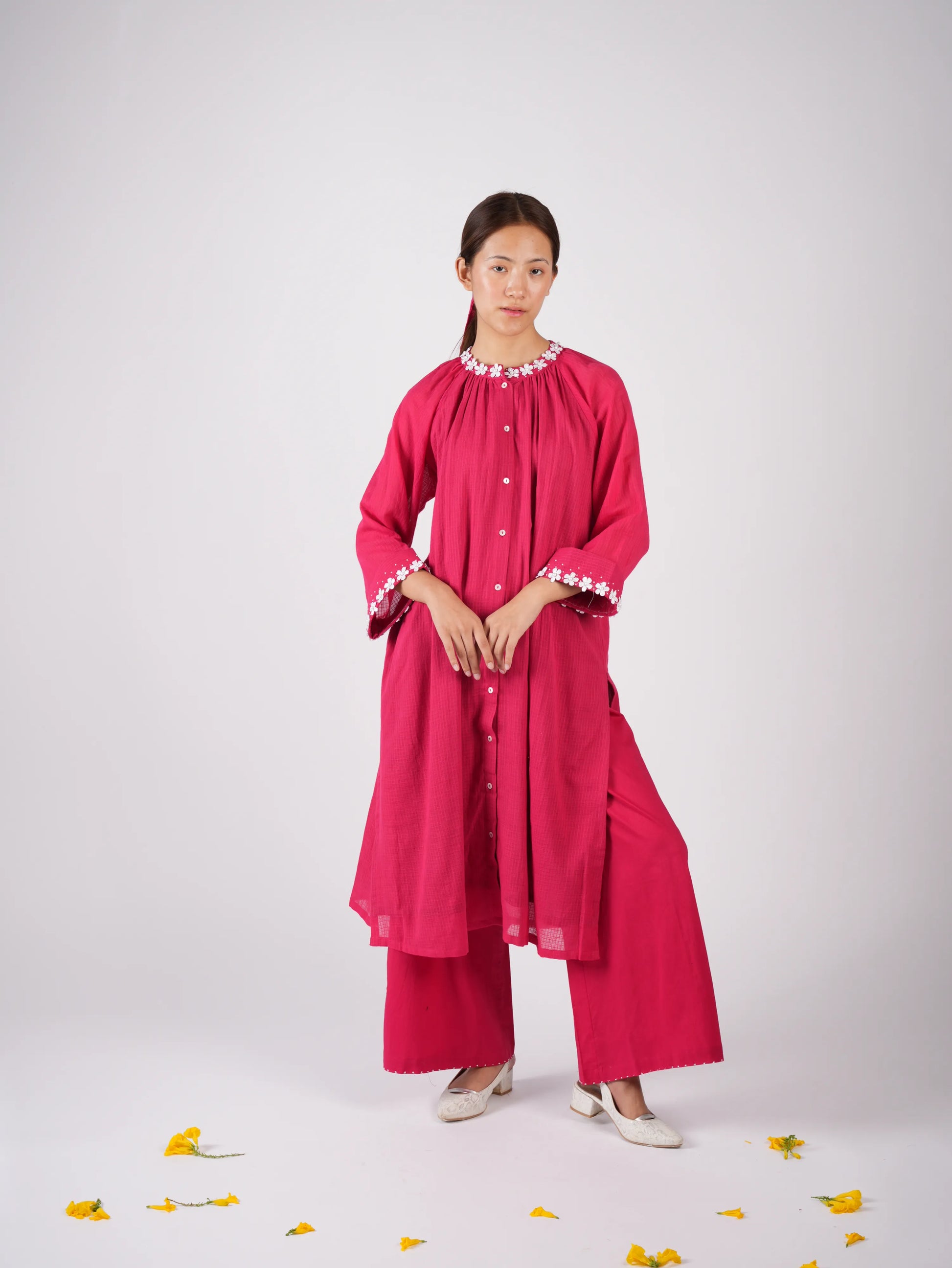 Embroidered Red kurta Palazzo with Scrunchies