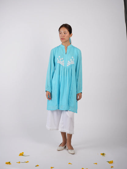 Embroidered Sky Blue Peplum Top Palazzo with Scrunchies