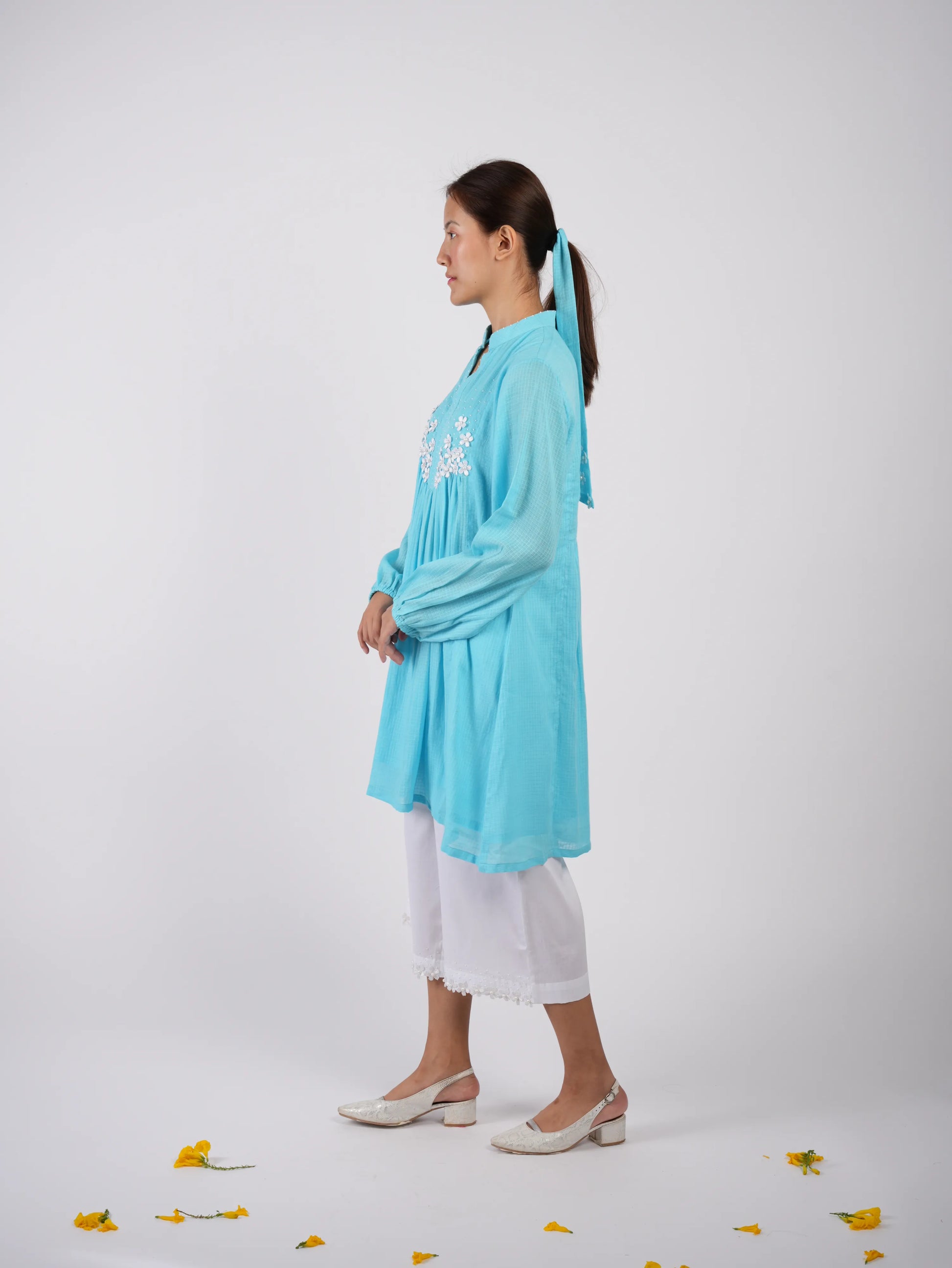 Embroidered Sky Blue Peplum Top Palazzo with Scrunchies