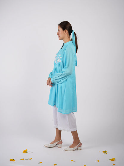 Embroidered Sky Blue Peplum Top Palazzo with Scrunchies