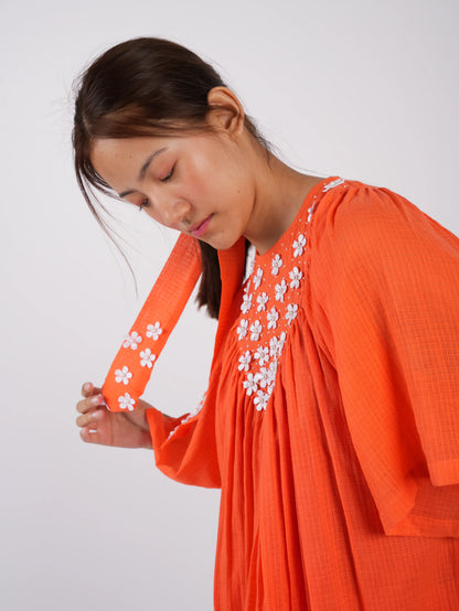 Embroidered Vivid Orange Asymmetric Top Palazzo with Scrunchies