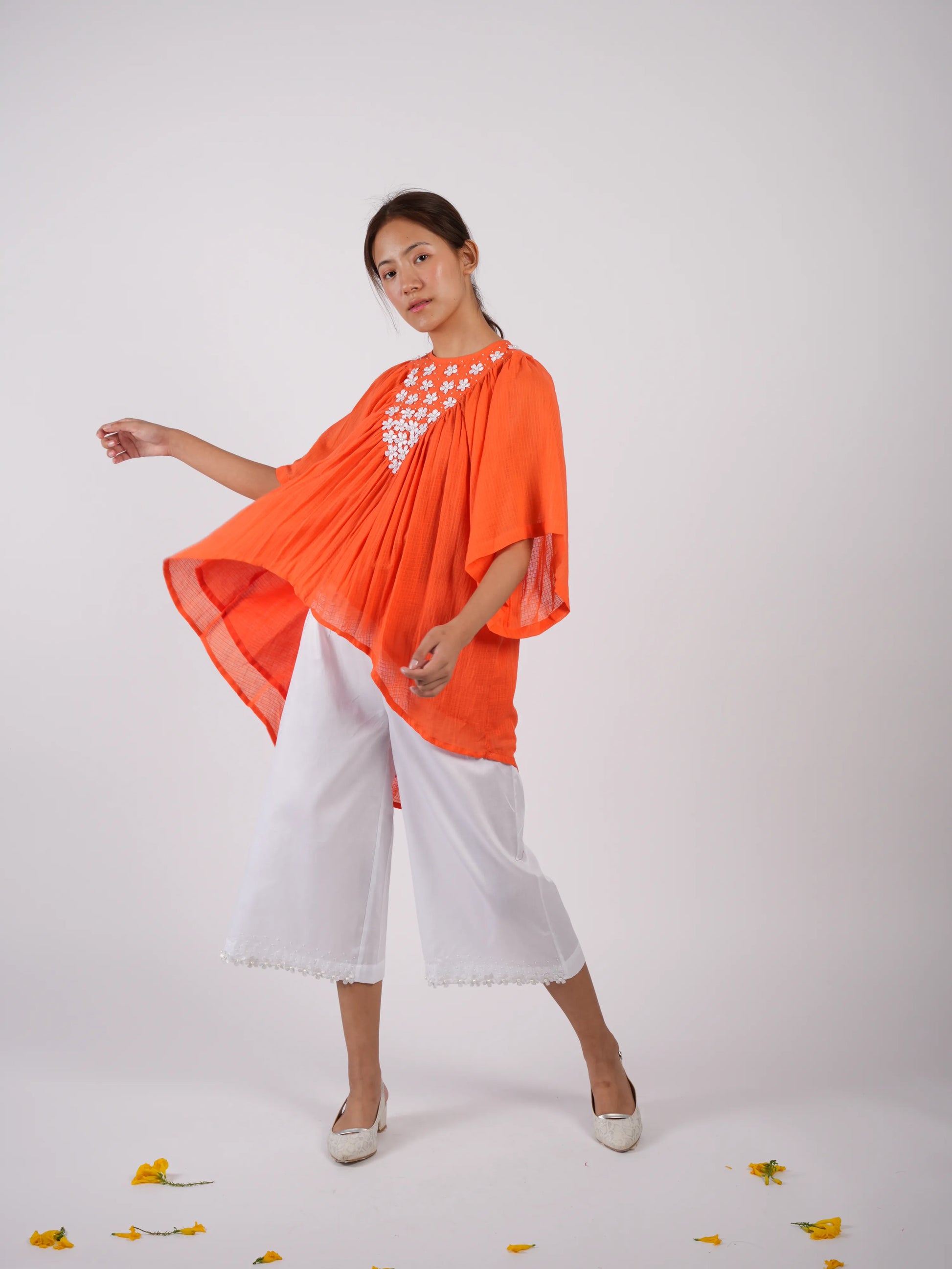 Embroidered Vivid Orange Asymmetric Top Palazzo with Scrunchies