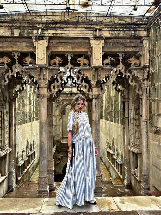 Sutra Stripe Dress with Button Back