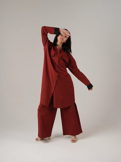Vanshitaaz Blood Red Anti Fit Cotton Co-ord set with Black Stripes Detailing