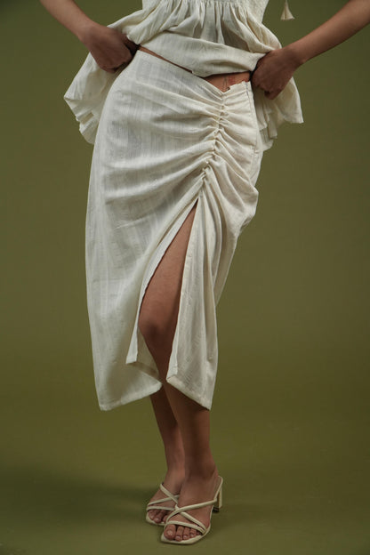Vanshitaaz Ivory Breeze Smocked Top & Drape Skirt Set