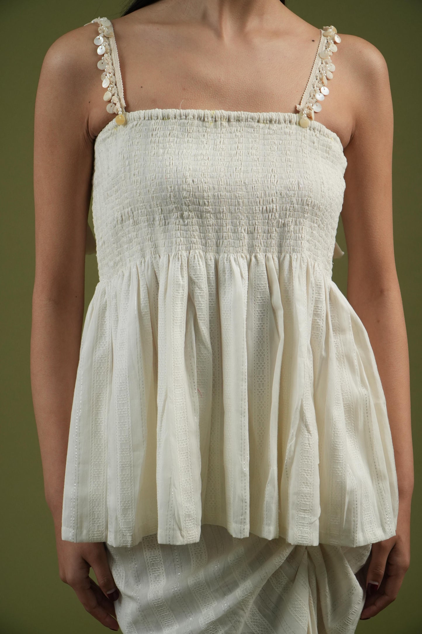 Vanshitaaz Ivory Breeze Smocked Top & Drape Skirt Set