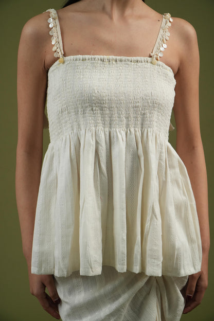 Vanshitaaz Ivory Breeze Smocked Top & Drape Skirt Set