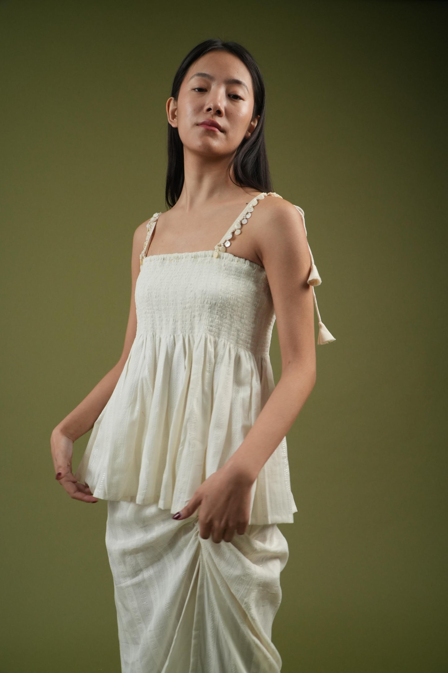 Vanshitaaz Ivory Breeze Smocked Top & Drape Skirt Set