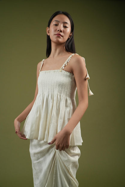 Vanshitaaz Ivory Breeze Smocked Top & Drape Skirt Set