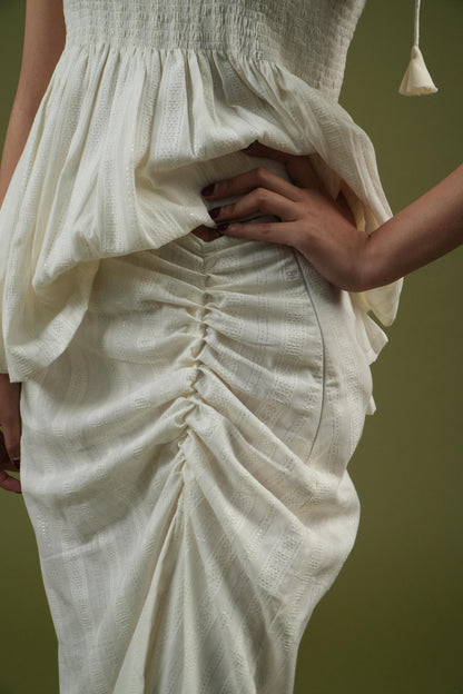Vanshitaaz Ivory Breeze Smocked Top & Drape Skirt Set
