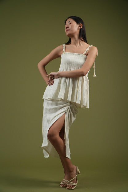 Vanshitaaz Ivory Breeze Smocked Top & Drape Skirt Set