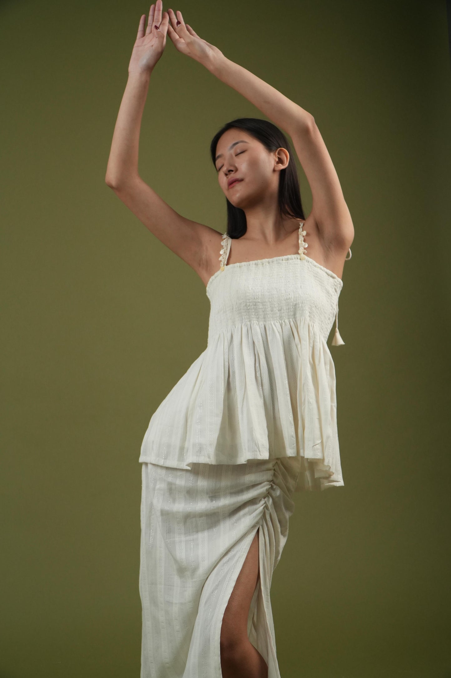 Vanshitaaz Ivory Breeze Smocked Top & Drape Skirt Set