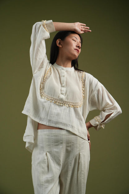 Vanshitaaz Ivory Grace Embroidered Shirt & Pleated Pants Set