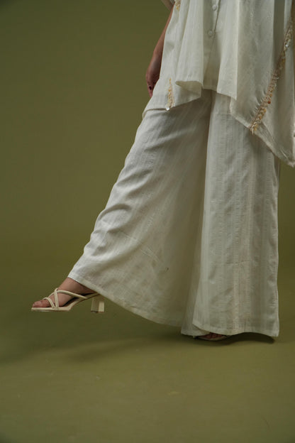 Vanshitaaz Flowing Ivory Cape Shirt & Wide-Leg Pants Set