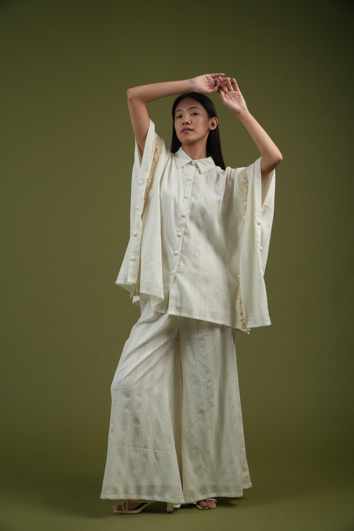 Vanshitaaz Flowing Ivory Cape Shirt & Wide-Leg Pants Set