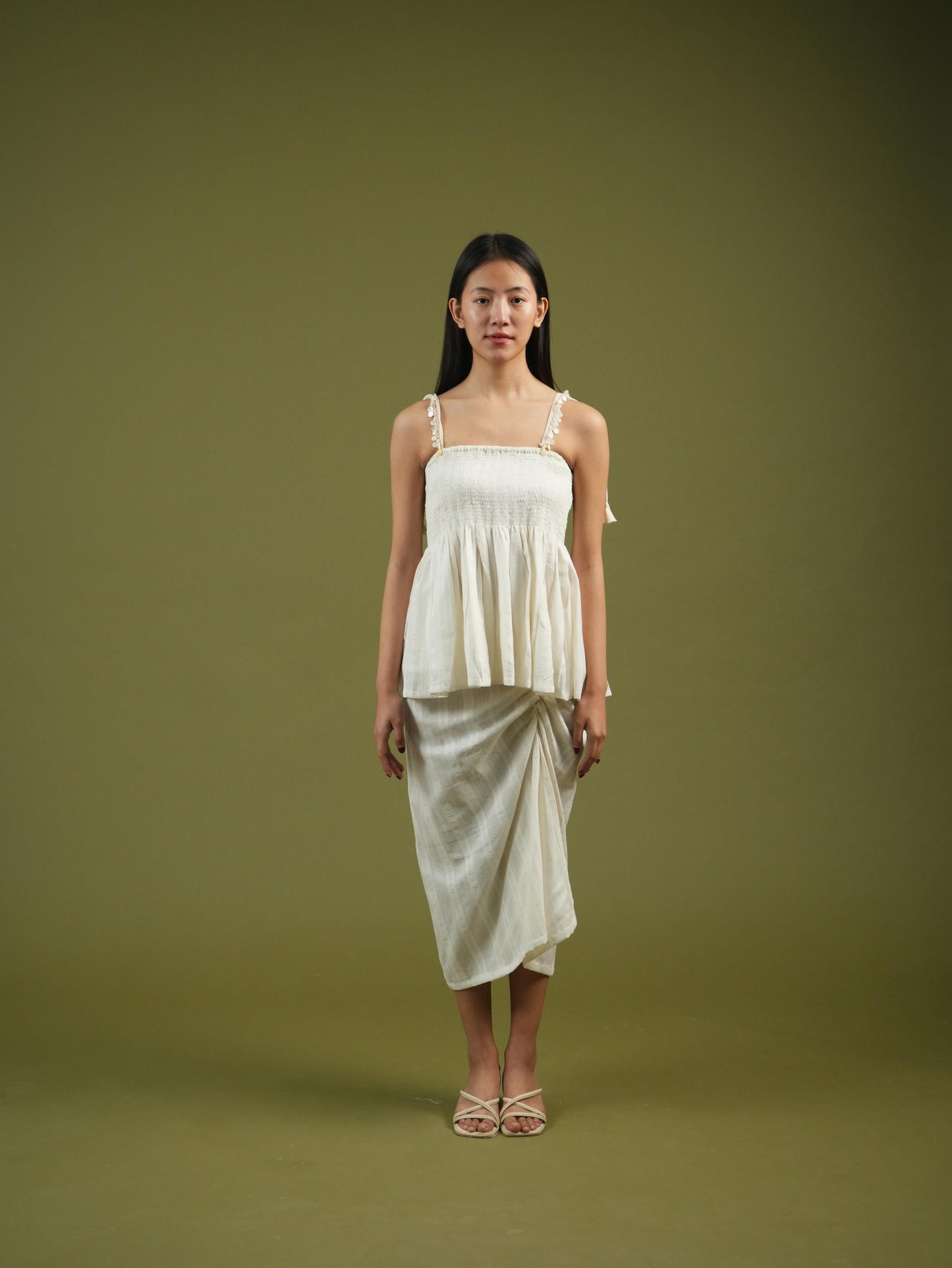 Vanshitaaz Ivory Breeze Smocked Top & Drape Skirt Set