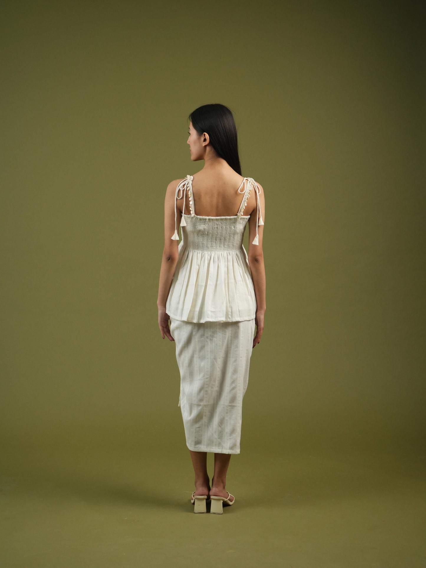 Vanshitaaz Ivory Breeze Smocked Top & Drape Skirt Set