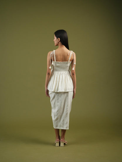 Vanshitaaz Ivory Breeze Smocked Top & Drape Skirt Set