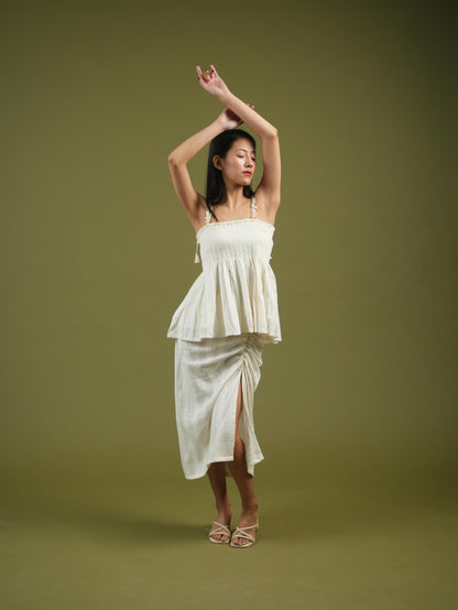 Vanshitaaz Ivory Breeze Smocked Top & Drape Skirt Set