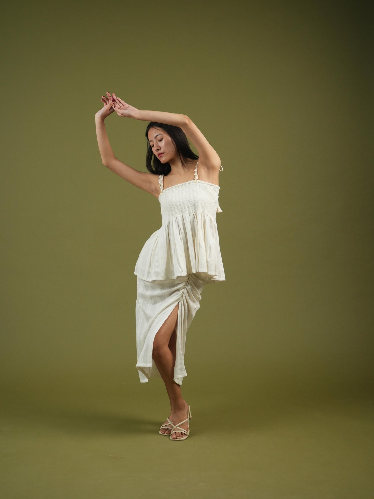 Vanshitaaz Ivory Breeze Smocked Top & Drape Skirt Set