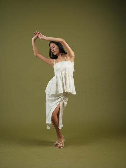 Vanshitaaz Ivory Breeze Smocked Top & Drape Skirt Set