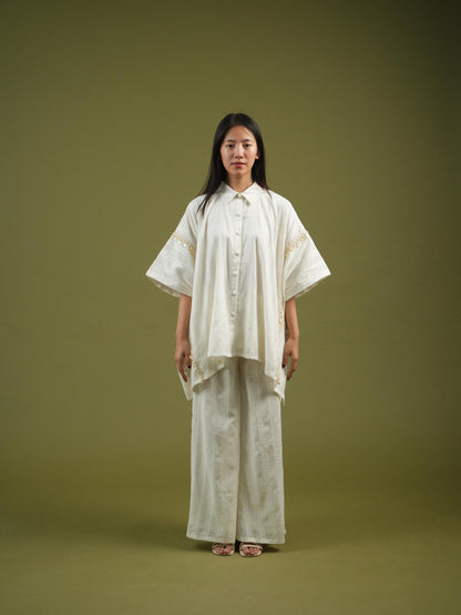 Vanshitaaz Flowing Ivory Cape Shirt & Wide-Leg Pants Set