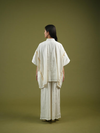 Vanshitaaz Flowing Ivory Cape Shirt & Wide-Leg Pants Set