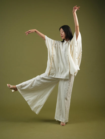Vanshitaaz Flowing Ivory Cape Shirt & Wide-Leg Pants Set