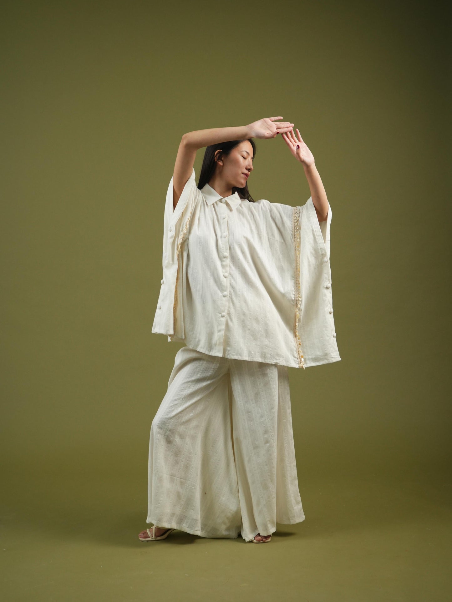 Vanshitaaz Flowing Ivory Cape Shirt & Wide-Leg Pants Set
