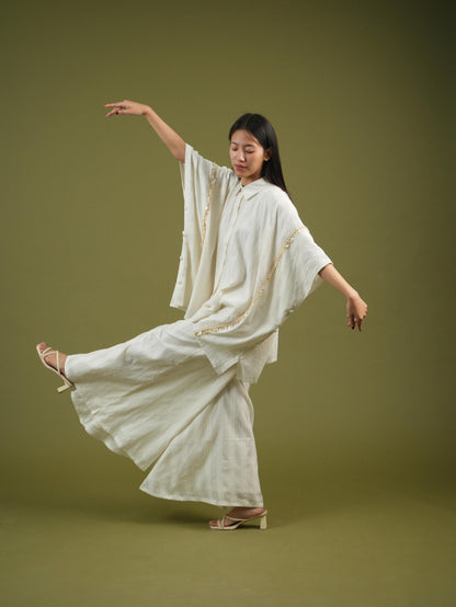 Vanshitaaz Flowing Ivory Cape Shirt & Wide-Leg Pants Set