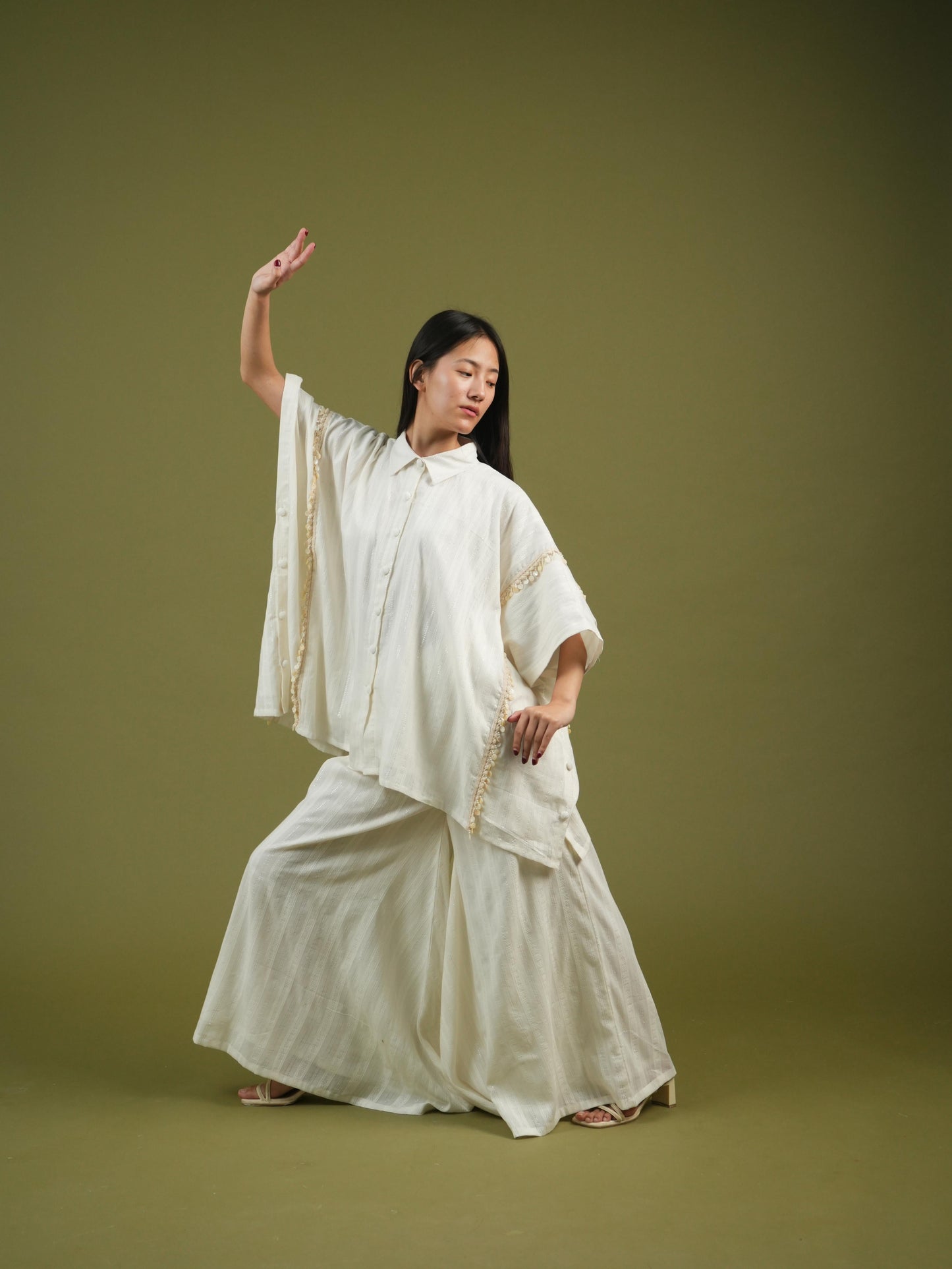 Vanshitaaz Flowing Ivory Cape Shirt & Wide-Leg Pants Set