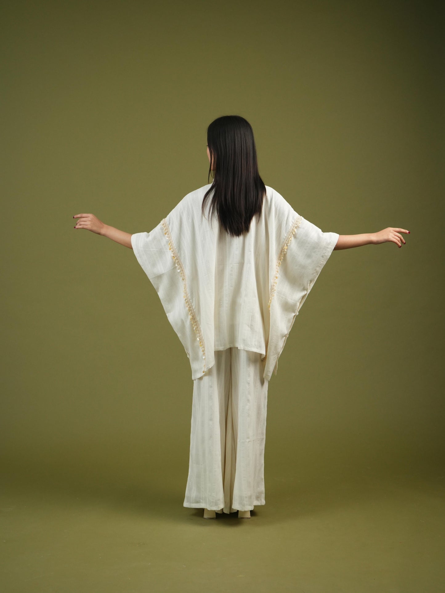 Vanshitaaz Flowing Ivory Cape Shirt & Wide-Leg Pants Set